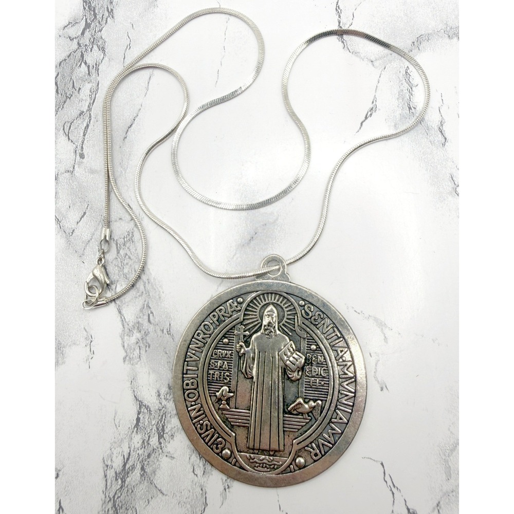 Large Saint Benedict Medal Necklace Silver Tone 24 Inch Chain‎ Religious Pendant